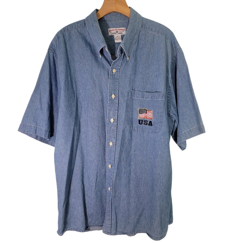 Boca Classics Denim Shirt Vintage USA Patriotic Flag Embroidered Cotton Medium‎